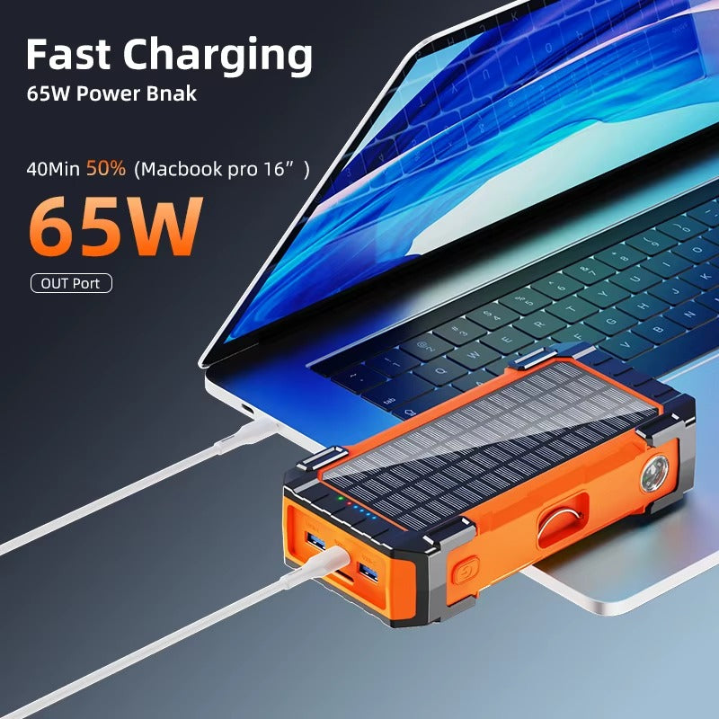 Solar Wireless Portable Charger for Laptops – 65W/45W/15W Fast Charging, LED, Waterproof Power Bank with Solar Panel & Cable